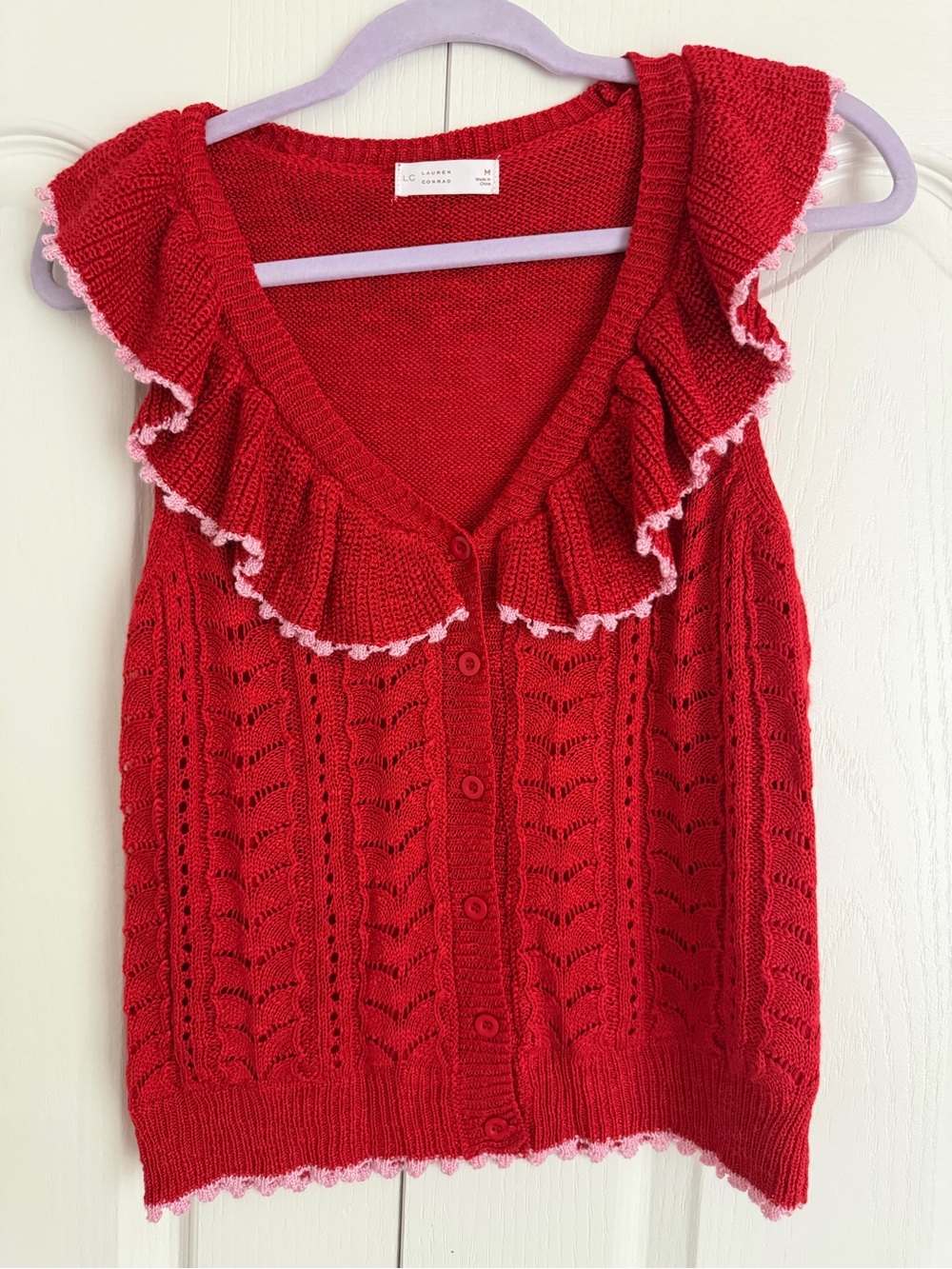 LC Lauren Conrad Red Knit Ruffle-Trim Button Front Top